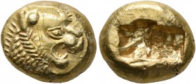 KINGS OF LYDIA. Alyattes to Kroisos, circa 610-546 BC. Trite (Gold, 12 mm, 4.73 g), Sardes. Head of a lion with sun and rays on its forehead to right....