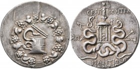 PHRYGIA. Apameia. C. Fannius, praetor, 49/8 BC. Cistophorus (Silver, 28 mm, 12.19 g, 12 h), Mantitheos, son of Mantitheos, magistrate. Cista mystica f...