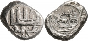 PHOENICIA. Sidon. temp. Ba`alšillem (Sakton) I-Ba’ana, Circa 425-401 BC. Double Shekel (Silver, 31 mm, 28.34 g, 1 h). Galley to left before turreted c...