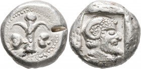 KYRENAICA. Kyrene. Circa 495/0-475 BC. Tetradrachm (Silver, 22 mm, 17.44 g, 3 h). Silphium plant with one pair of leaves and ending in umbel; to left ...