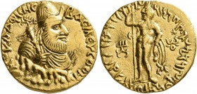INDIA, Kushan Empire. Vima Kadphises, circa 100-127/8. Dinar (Gold, 20 mm, 8.00 g, 12 h), bilingual series. Uncertain mint in Baktria. ΒΑCIΛЄΥC OOHMO ...