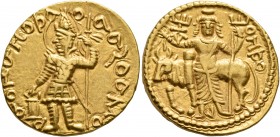 INDIA, Kushan Empire. Vasudeva I, circa 192-225. Dinar (Gold, 21 mm, 7.83 g, 12 h), uncertain mint in Gandhara. ÞAONANOÞAO BAZOΔHO ('King of Kings, Va...