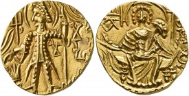 INDIA, Kushan Empire. Mahi, usurper, 4th century. Dinar (Gold, 21 mm, 7.86 g, 11 h), uncertain mint. Mahi standing front, nimbate and head to left, sa...