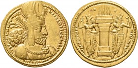 SASANIAN KINGS. Shahpur I, 240-272. Dinar (Gold, 22 mm, 7.35 g, 4 h), Mint C (Ktesiphon), circa 260-272. MZDYSN BGY ŠHPWHRY MRKAN MRKA 'YR'N MNW CTRY ...