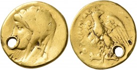 MACEDON. Koinon of Macedon. Pseudo-autonomous issue. 'Aureus' (Gold, 20 mm, 7.13 g, 12 h), time of Elagabalus to Severus Alexander, 218-235. Veiled an...