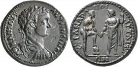 MYSIA. Attaea. Caracalla, 198-217. Tetrassarion (Bronze, 27 mm, 14.45 g, 7 h), Andronos, strategos. AY KAI M AYP ANTONЄINOC Laureate, draped and cuira...