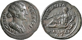 LYDIA. Tripolis. Faustina Junior, Augusta, 147-175. Tetrassarion (?) (Bronze, 31 mm, 12.68 g, 7 h). ΦΑYϹΤЄΙΝΑ ϹЄΒΑϹΤΗ Draped bust of Faustina II to ri...