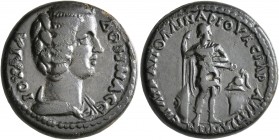 PHRYGIA. Appia. Julia Domna, Augusta, 193-217. Assarion (Bronze, 20 mm, 7.24 g, 6 h), Aur. Apollinarios, asiarch. IOYΛIA ΔOMNA CЄ Draped bust of Julia...