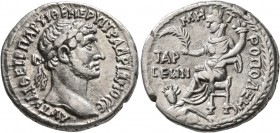CILICIA. Tarsus. Hadrian, 117-138. Tridrachm (Silver, 25 mm, 9.78 g, 12 h). ΑΥΤ ΚΑΙ ΘΕ ΤΡ ΠΑΡ ΥΙ ΘΕ ΝΕΡ ΥΙ ΤΡ ΑΔΡΙΑΝΟϹ ϹE Laureate head of Hadrian to ...