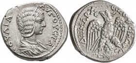 SYRIA, Seleucis and Pieria. Emesa. Julia Domna, Augusta, 193-217. Tetradrachm (Silver, 27 mm, 13.00 g, 11 h), 215. IOYΛIA•[•]•AYΓOYCTA Diademed and dr...