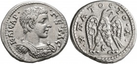 SYRIA, Seleucis and Pieria. Laodicea ad Mare. Geta, as Caesar, 198-209. Tetradrachm (Silver, 27 mm, 12.40 g, 12 h), 205-207. KAICAP• •ΓЄTAC Bare-heade...