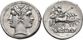 Anonymous, circa 225-214 BC. Quadrigatus - Didrachm (Silver, 23 mm, 6.71 g, 8 h), Rome. Laureate head of Janus. Rev. ROMA (incuse on raised tablet) Ju...