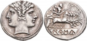 Anonymous, circa 225-214 BC. Quadrigatus - Didrachm (Silver, 21 mm, 5.92 g, 7 h), uncertain mint. Laureate head of Janus. Rev. ROMA (incuse on raised ...