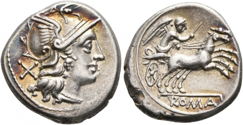 Anonymous, 157-156 BC. Denarius (Silver, 18 mm, 4.09 g, 11 h), Rome. Head of Rom...