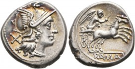 Anonymous, 157-156 BC. Denarius (Silver, 18 mm, 4.09 g, 11 h), Rome. Head of Roma to right, wearing winged helmet, triple pendant earring and pearl ne...