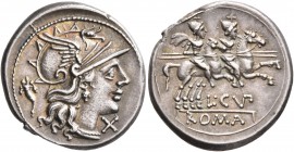 L. Cupiennius, 147 BC. Denarius (Silver, 20 mm, 4.07 g, 7 h), Rome. Head of Roma to right, wearing winged helmet, pendant earring and pearl necklace; ...