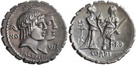 Q. Fufius Calenus and Mucius Cordus, 68 BC. Denarius (Silver, 20 mm, 3.90 g, 7 h), Rome. HO - VIRT / KALENI Jugate heads of Honos, laureate, and Virtu...