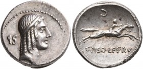C. Piso L.f. Frugi, 61 BC. Denarius (Silver, 18 mm, 3.93 g, 12 h), Rome. Head of Apollo to right, his hair bound with fillet; behind, IS. Rev. C PISO ...
