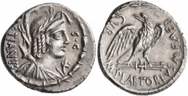 M. Plaetorius M.f. Cestianus, 57 BC. Denarius (Silver, 18 mm, 3.77 g, 4 h), Rome. CESTIANVS - S•C Winged bust of Vacuna to right, wearing crested and ...