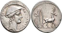 Cn. Plancius, 55 BC. Denarius (Silver, 19 mm, 3.80 g, 6 h), Rome. CN•PLANCIVS AED•CVR•S•C Female head to right, wearing causia. Rev. Cretan goat stand...