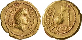 Julius Caesar, 49-44 BC. Aureus (Gold, 20 mm, 7.91 g, 7 h), with A. Hirtius, praetor. Rome, early 46. C•CAESAR COS TER Veiled female head (of Vesta or...