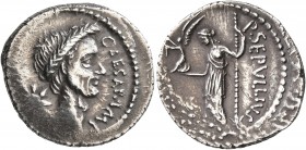 Julius Caesar, 49-44 BC. Denarius (Silver, 20 mm, 3.46 g, 10 h), with P. Sepullius Macer. Rome, January-February 44. CAESAR•IMP Laureate head of Juliu...