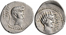 Mark Antony, 44-30 BC. Denarius (Silver, 20 mm, 4.00 g, 10 h), military mint moving with Antony in Greece and Asia, 42 BC. IMP Bare head of Mark Anton...
