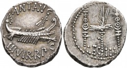 Mark Antony, 44-30 BC. Denarius (Silver, 19 mm, 3.74 g, 5 h), military mint moving with Mark Antony (Patrae?), 32-31. ANT•AVG - III VIR•R•P•C Galley r...