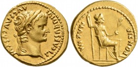 Tiberius, 14-37. Aureus (Gold, 19 mm, 7.87 g, 6 h), Lugdunum. TI CAESAR DIVI AVG F AVGVSTVS Laureate head of Tiberius to right. Rev. PONTIF MAXIM Livi...