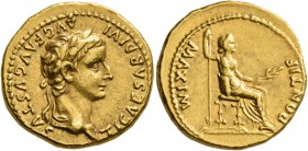 Tiberius, 14-37. Aureus (Gold, 19 mm, 7.87 g, 3 h), Lugdunum. TI CAESAR DIVI AVG F AVGVSTVS Laureate head of Tiberius to right. Rev. PONTIF MAXIM Livi...