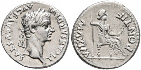 Tiberius, 14-37. Denarius (Silver, 18 mm, 3.87 g, 7 h), Lugdunum. TI CAESAR DIVI AVG F AVGVSTVS Laureate head of Tiberius to right. Rev. PONTIF MAXIM ...
