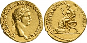 Claudius, 41-54. Aureus (Gold, 19 mm, 7.80 g, 8 h), Lugdunum, 41-42. TI CLAVD CAESAR•AVG GERM P M TR P Head of Claudius to right, wearing oak wreath. ...