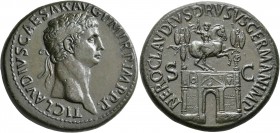 Claudius, 41-54. Sestertius (Orichalcum, 36 mm, 29.22 g, 6 h), Rome, 42-43. TI CLAVDIVS•CAESAR•AVG P M TR P•IMP•P•P• Laureate head of Claudius to righ...