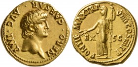Nero, 54-68. Aureus (Gold, 20 mm, 7.63 g, 5 h), Rome, 62-63. NERO•CAESAR•AVG•IMP Bare head of Nero to right. Rev. PONTIF MAX TR P VIIII COS IIII P P /...