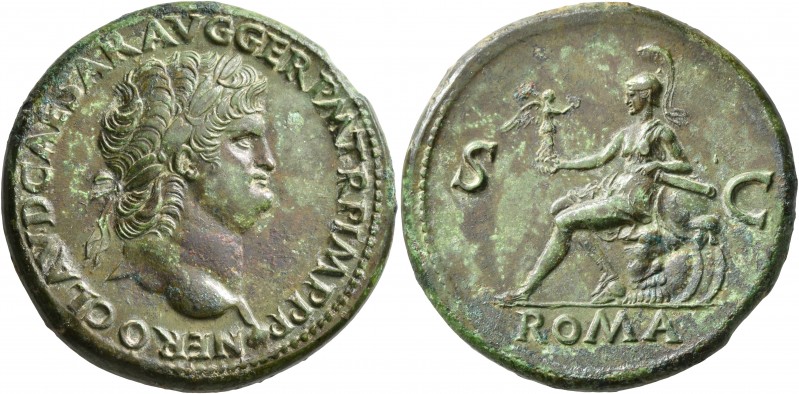 Nero, 54-68. Sestertius (Orichalcum, 35 mm, 26.89 g, 6 h), Lugdunum, circa 65. N...