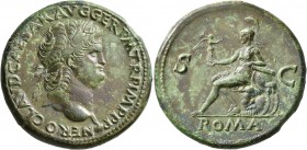 Nero, 54-68. Sestertius (Orichalcum, 35 mm, 26.89 g, 6 h), Lugdunum, circa 65. NERO CLAVD CAESAR AVG GER P M TR P IMP P P P Laureate head of Nero to r...