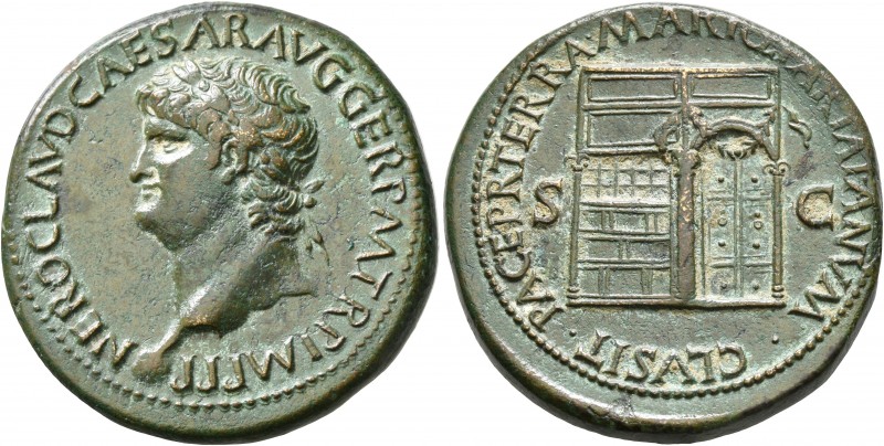 Nero, 54-68. Sestertius (Orichalcum, 34 mm, 27.60 g, 7 h), Lugdunum, circa 65. N...