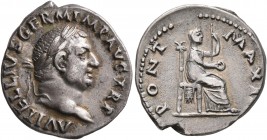 Vitellius, 69. Denarius (Silver, 19 mm, 3.09 g, 5 h), Rome, circa late April–20 December 69. A VITELLIVS GERM IMP AVG TR P Laureate head of Vitellius ...
