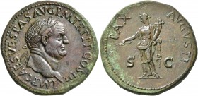 Vespasian, 69-79. Sestertius (Orichalcum, 34 mm, 24.48 g, 6 h), Rome, 71. IMP CAES VESPAS AVG P M TR P P P COS III Laureate head of Vespasian to right...