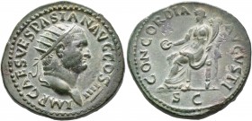 Vespasian, 69-79. Dupondius (Orichalcum, 28 mm, 12.95 g, 7 h), Rome, 72-73. IMP CAES VESPASIAN AVG COS IIII Radiate head of Vespasian to right. Rev. C...