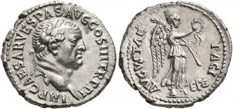 Vespasian, 69-79. Denarius (Silver, 18 mm, 3.43 g, 7 h), Ephesus, 77-78. IMP CAE...