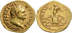 Titus, as Caesar, 69-79. Aureus (Gold, 20 mm, 7.11 g, 7 h), Rome, 75. T CAESAR IMP VESPASIAN Laureate head of Titus to right. Rev. PONTIF TR P COS III...