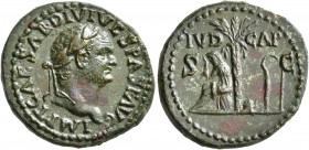 Titus, 79-81. Semis (Orichalcum, 20 mm, 4.39 g, 7 h), uncertain mint in the East (in Thrace or Bithynia?), 80-81. IMP T CAESAR•DIVI VESPAS F AVG Laure...