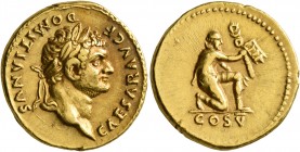 Domitian, as Caesar, 69-81. Aureus (Gold, 19 mm, 7.25 g, 6 h), Rome, 77-78. CAESAR AVG F DOMITIANVS Laureate head of Domitian to right. Rev. COS V Cap...