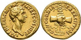 Nerva, 96-98. Aureus (Gold, 18 mm, 7.65 g, 7 h), Rome, 97. IMP NERVA CAES AVG P M TR P COS III P P Laureate head of Nerva to right. Rev. CONCORDIA EXE...