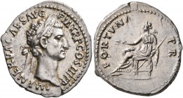Nerva, 96-98. Denarius (Silver, 19 mm, 3.45 g, 7 h), Rome, 97. IMP NERVA CAES AVG P M TR P COS III P P Laureate head of Nerva to right. Rev. FORTVNA P...
