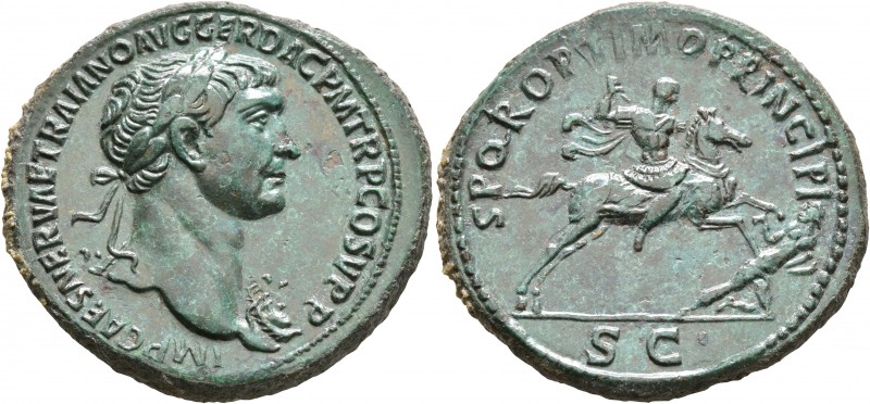 Trajan, 98-117. Sestertius (Orichalcum, 36 mm, 25.33 g, 6 h), Rome, circa 104/5-...