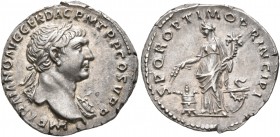Trajan, 98-117. Denarius (Silver, 19 mm, 3.15 g, 7 h), Rome, circa 106-107. IMP TRAIANO AVG GER DAC P M TR P COS V P P Laureate head of Trajan to righ...
