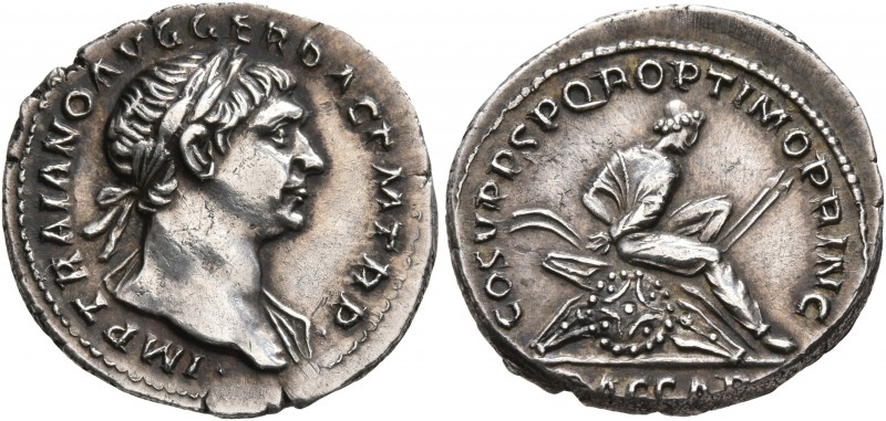Trajan, 98-117. Denarius (Silver, 19 mm, 3.52 g, 7 h), Rome, circa 107-108. IMP ...