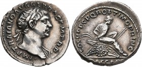 Trajan, 98-117. Denarius (Silver, 19 mm, 3.52 g, 7 h), Rome, circa 107-108. IMP TRAIANO AVG GER DAC P M TR P Laureate head of Trajan to right, with sl...